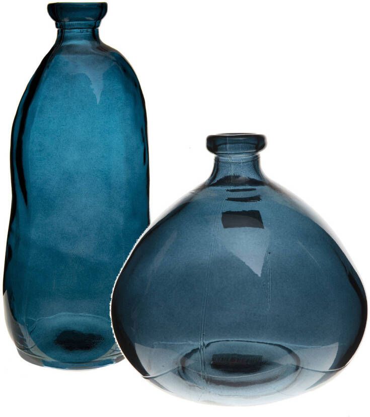 Atmosphera Bloemenvazen set 2x Organische fles vorm blauw transparant glas Vazen