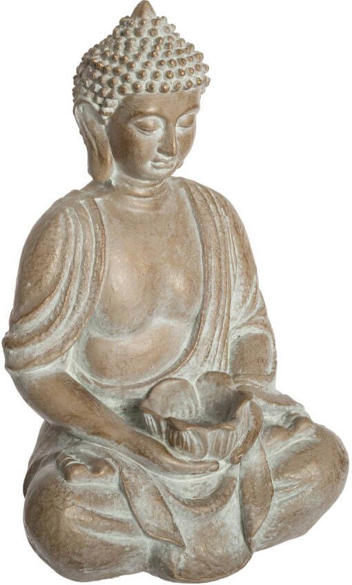 Atmosphera Boeddha beeld zittend binnen buiten kunststeen beige gebleekt 39 cm Beeldjes