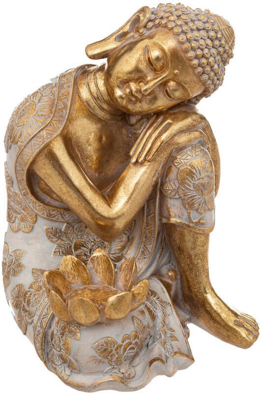 Atmosphera Boeddha beeldje zittend binnen buiten polyresin goud wit 23 cm Beeldjes