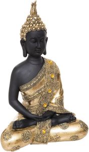 Atmosphera Boeddha beeld zittend binnen buiten polyresin goud zwart 34 cm Beeldjes