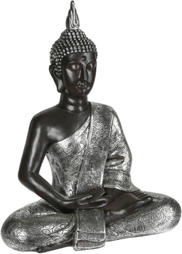 Atmosphera Boeddha beeld XL zittend binnen buiten polyresin zilver zwart 63 cm Beeldjes