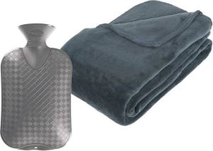 ATMOSPHERA Groot Fleece deken plaid Blauwgrijs 230 x 180 cm en warmwater kruik 2 liter 280 grams kwaliteit Plaids
