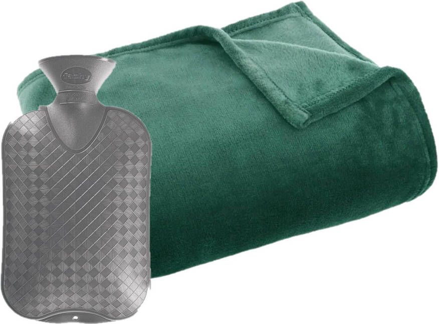 Atmosphera Fleece deken plaid groen 125 x 150 cm en een warmwater kruik 2 liter Plaids