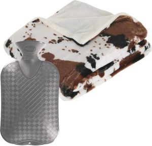 ATMOSPHERA Fleece deken plaid koeien-print bruin 130 x 160 cm en een warmwater kruik 2 liter Plaids