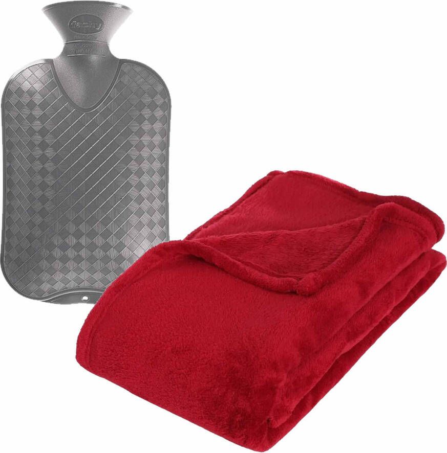 Atmosphera Fleece deken plaid Rood 130 x 180 cm en een warmwater kruik 2 liter Plaids