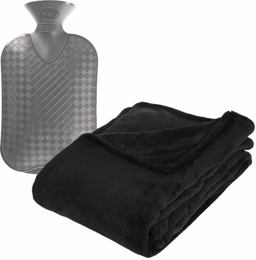 Atmosphera Fleece deken plaid Zwart 130 x 180 cm en een warmwater kruik 2 liter Plaids