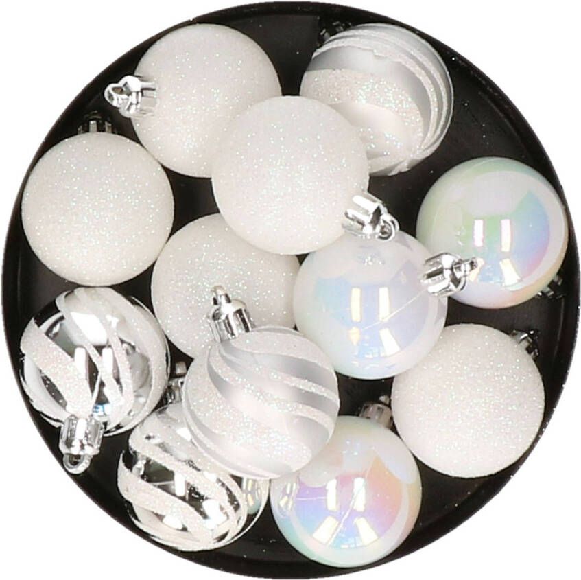Atmosphera kerstballen 12x-D4 cm mix parelmoer wit zilver plastic Kerstbal