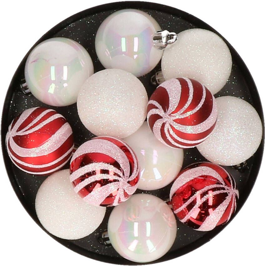 Atmosphera kerstballen -12x D4 cm parelmoer wit rood plastic Kerstbal