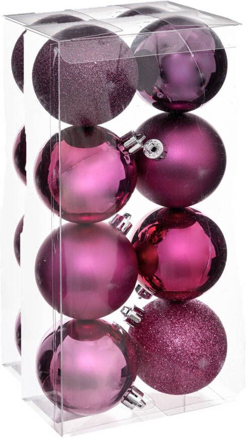 Atmosphera kerstballen 16x stuks framboos roze kunststof 7 cm Kerstbal