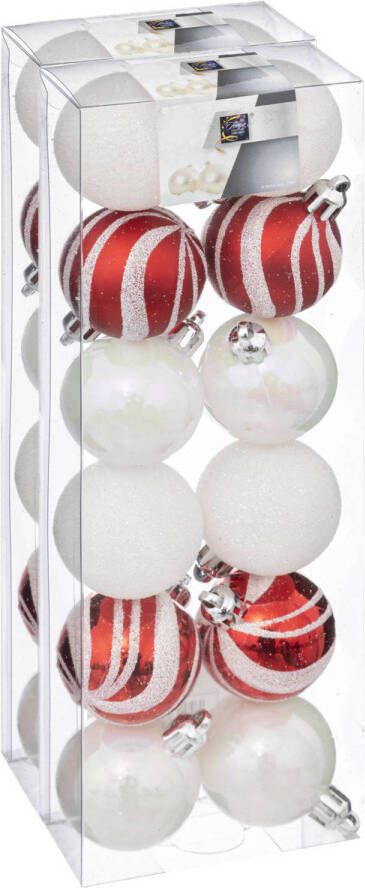 Atmosphera kerstballen 24x- D4 cm parelmoer wit rood plastic Kerstbal