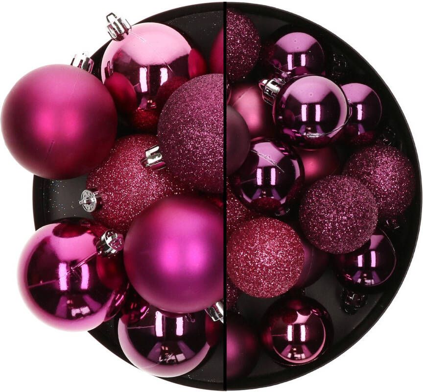 Atmosphera Kerstballen 26x st 3 en 7 cm framboos roze kunststof Kerstbal