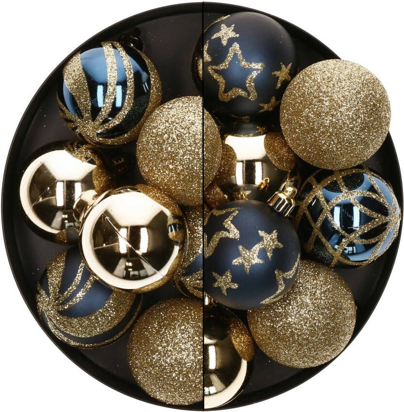 Atmosphera Kerstballen 27x st donkerblauw goud 4 en 5 cm Kerstbal