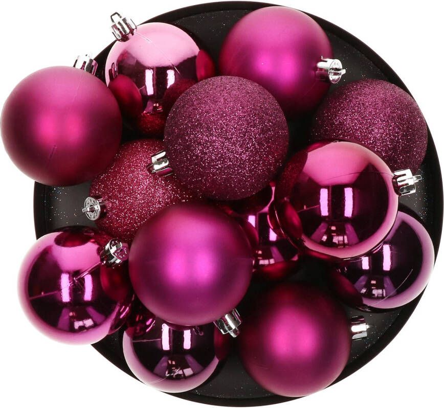 Atmosphera kerstballen 8x stuks framboos roze kunststof 7 cm Kerstbal
