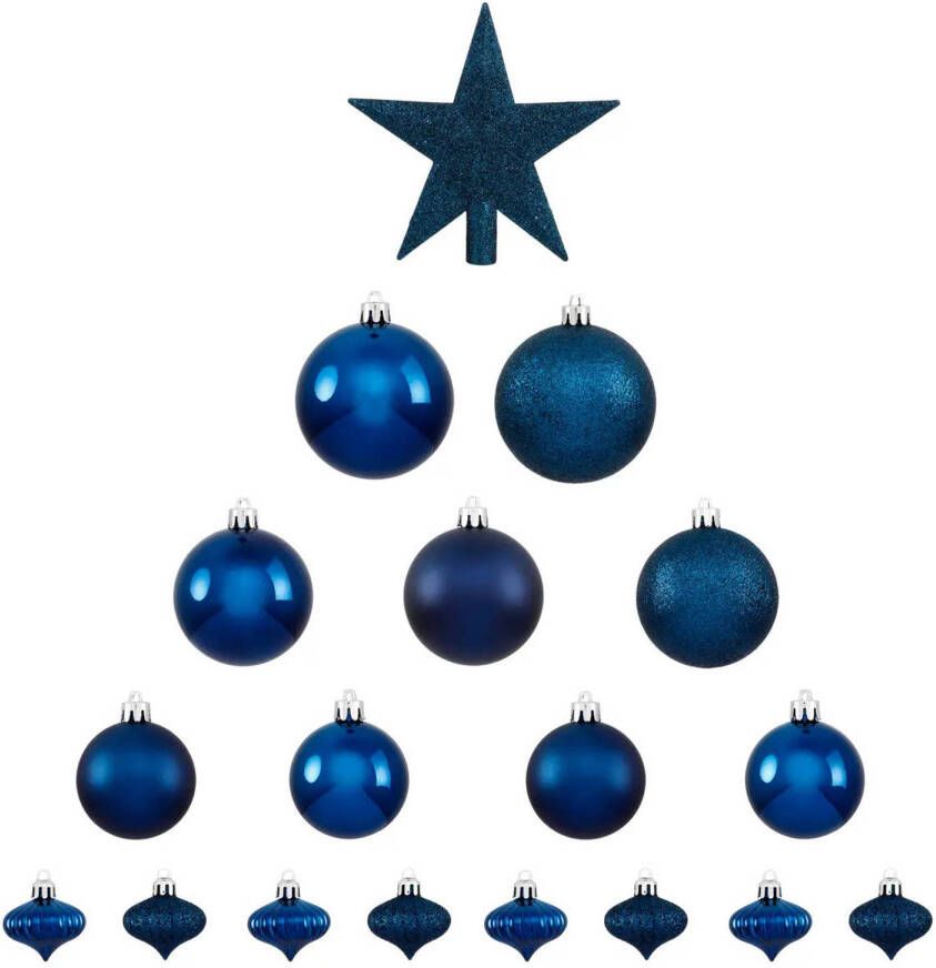 Atmosphera Set van 17x stuks kunststof kerstballen met ster piek donkerblauw Kerstbal