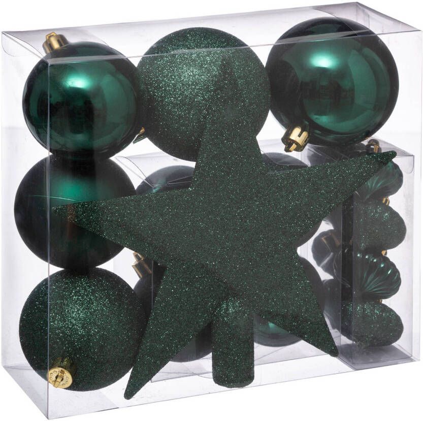 Atmosphera Set van 17x stuks kunststof kerstballen met ster piek emerald groen Kerstbal