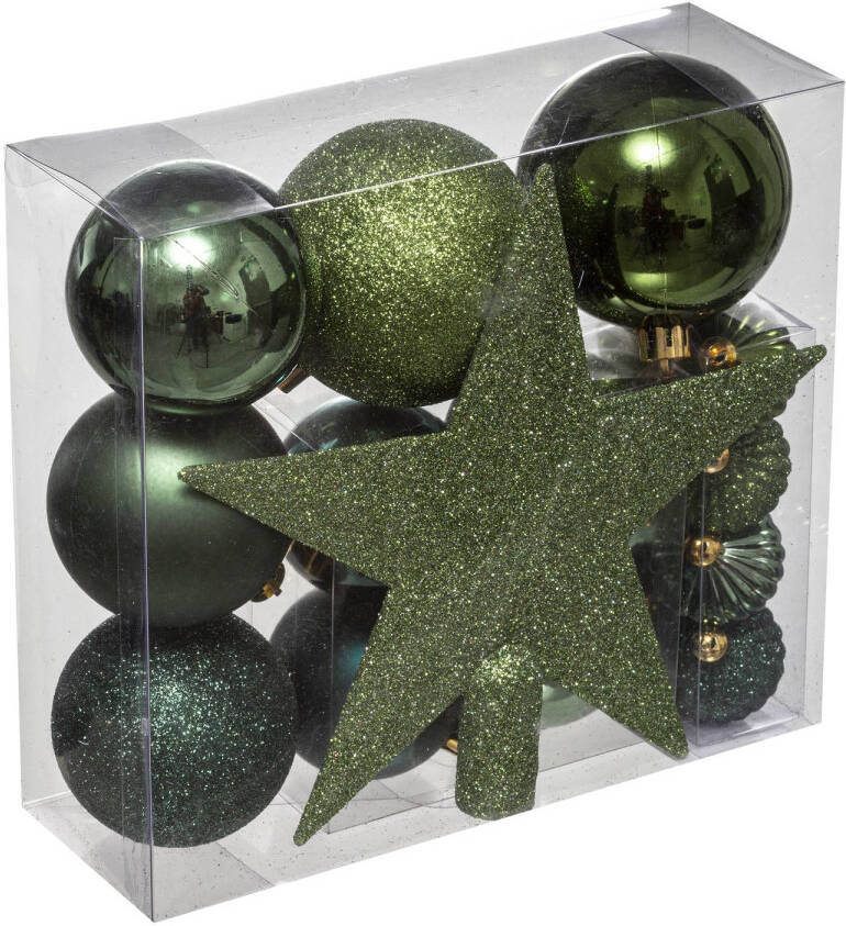 Atmosphera Set van 17x stuks kunststof kerstballen met ster piek khaki groen Kerstbal