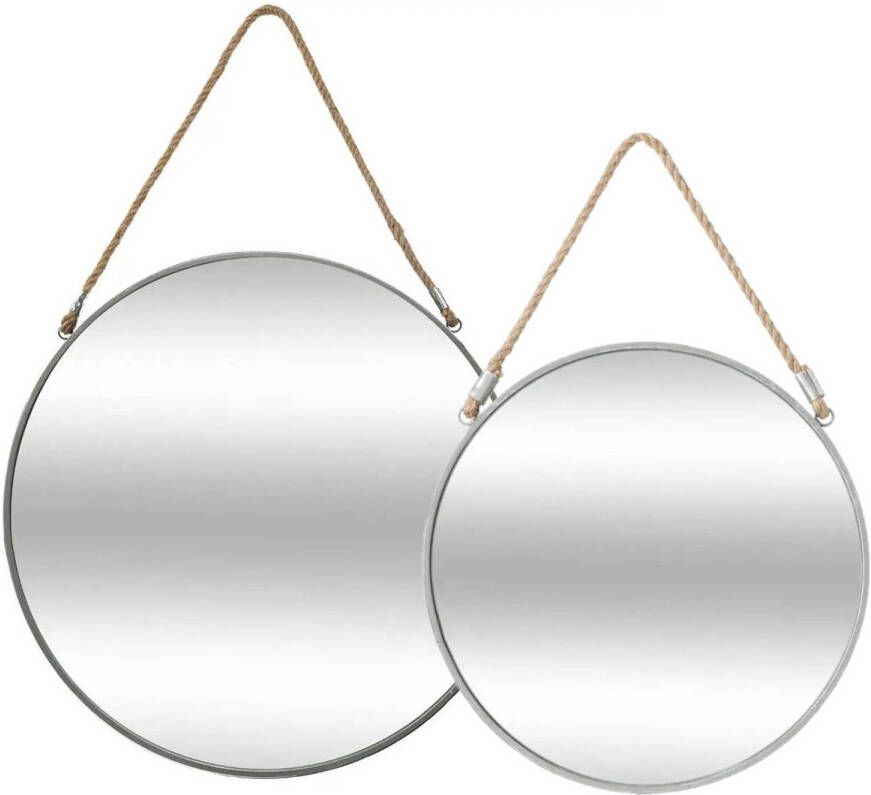 ATMOSPHERA Set van 2x spiegels wandspiegels rond metaal grijs met touw Woondecoratie accessoires Spiegels