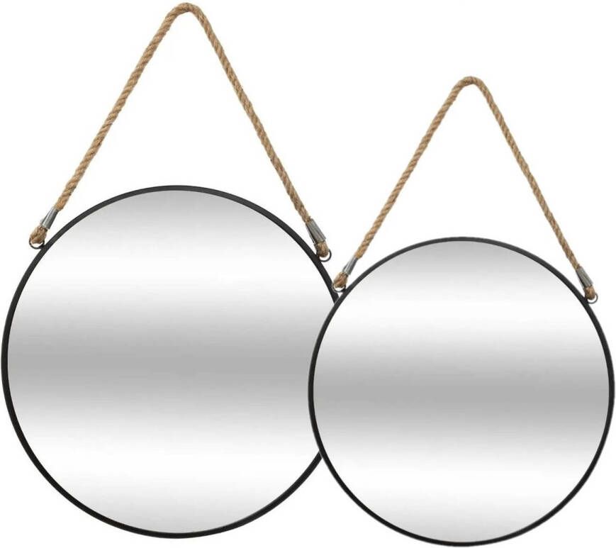 Atmosphera Set van 2x spiegels wandspiegels rond metaal zwart met touw Spiegels