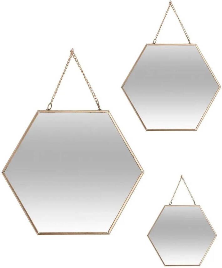 Atmosphera Set van 3x spiegels wandspiegels hexagon metaal goud met ketting Spiegels