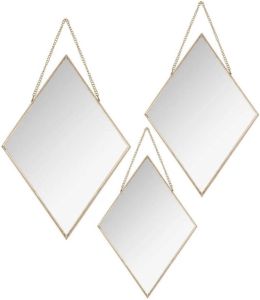 ATMOSPHERA Set van 3x spiegels wandspiegels ruit metaal goud met ketting Woondecoratie accessoires Spiegels