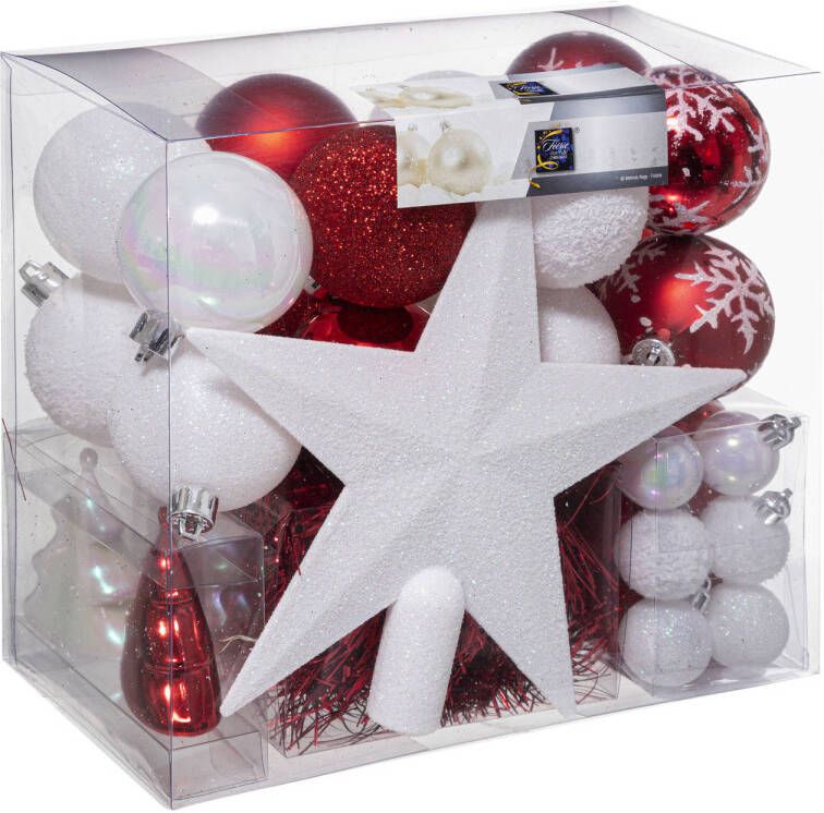 Atmosphera Set van 43x stuks kunststof kerstballen met ster piek rood wit mix Kerstbal