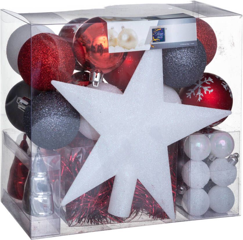 Atmosphera Set van 43x stuks kunststof kerstballen met ster piek rood wit grijs mix Kerstbal