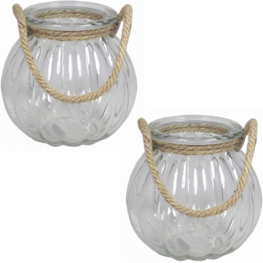 Bela Arte Set van 2x stuks glazen ronde windlichten 2 liter met touw hengsel handvat 14 5 x 14 5 cm 2000 ml Kaarsen Waxinelichtjes Vazen