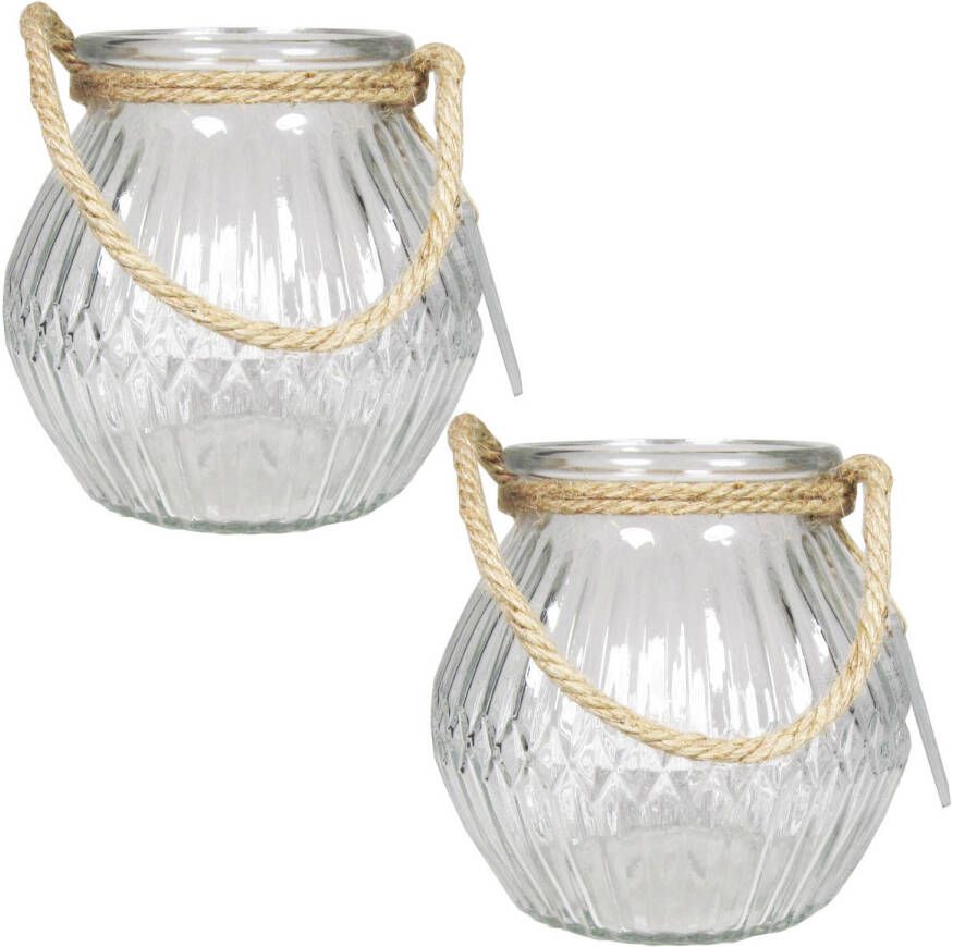 Bela Arte Set van 2x stuks glazen ronde windlichten Crystal 2 5 liter met touw hengsel handvat 16 x 14 5 cm 2500 ml Kaarsen Waxinelicht Vazen