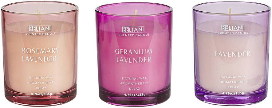 Beliani -SHEER JOY-Geurkaars set-lavendel|rozemarijn|geranium-Soja wax