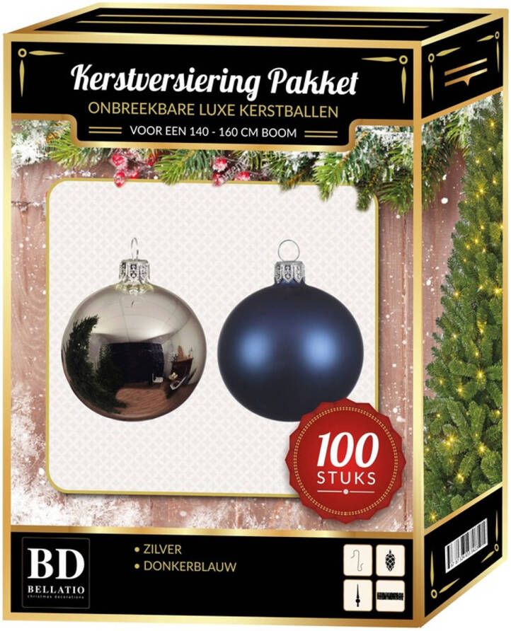 Bellatio Decorations 100 stuks Kerstballen mix zilver-donkerblauw voor 150 cm boom Kerstbal