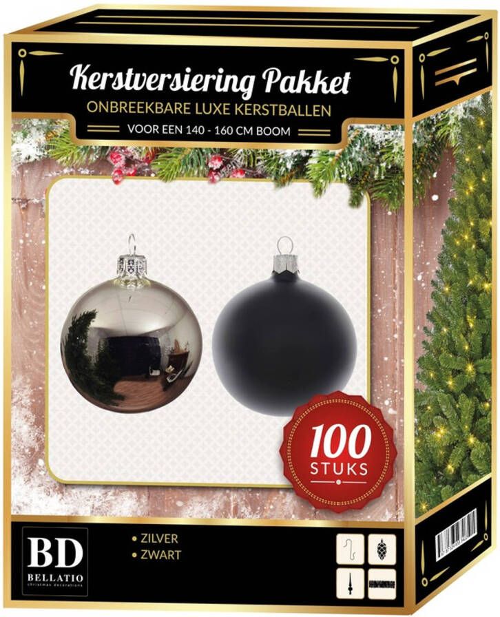 Bellatio Decorations Zilver met zwarte Kerstversiering voor 150 cm boom 100-delig Kerstbal
