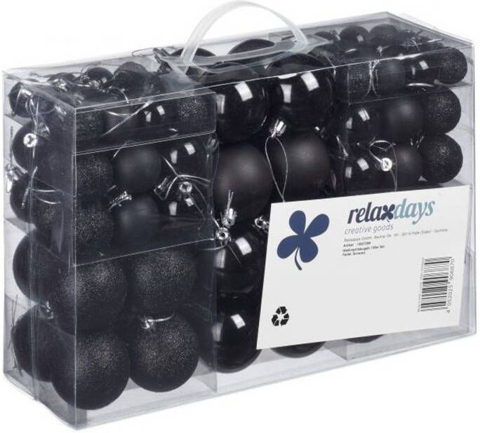 Relaxdays 100x Zwarte kunststof kerstballen 3 4 en 6 cm glitter mat glans Kerstbal