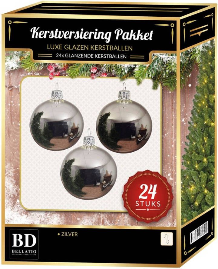 Bellatio Decorations 24 Stuks glans glazen Kerstballen pakket zilver 6 en 8 cm Kerstbal