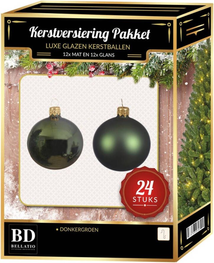 Bellatio Decorations 24 Stuks mix glazen Kerstballen pakket donkergroen 6 en 8 cm Kerstbal