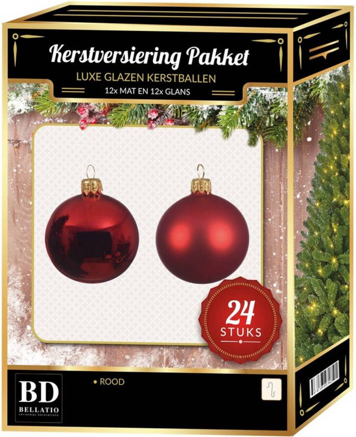 Bellatio Decorations 24 Stuks mix glazen Kerstballen pakket kerst rood 6 en 8 cm Kerstbal