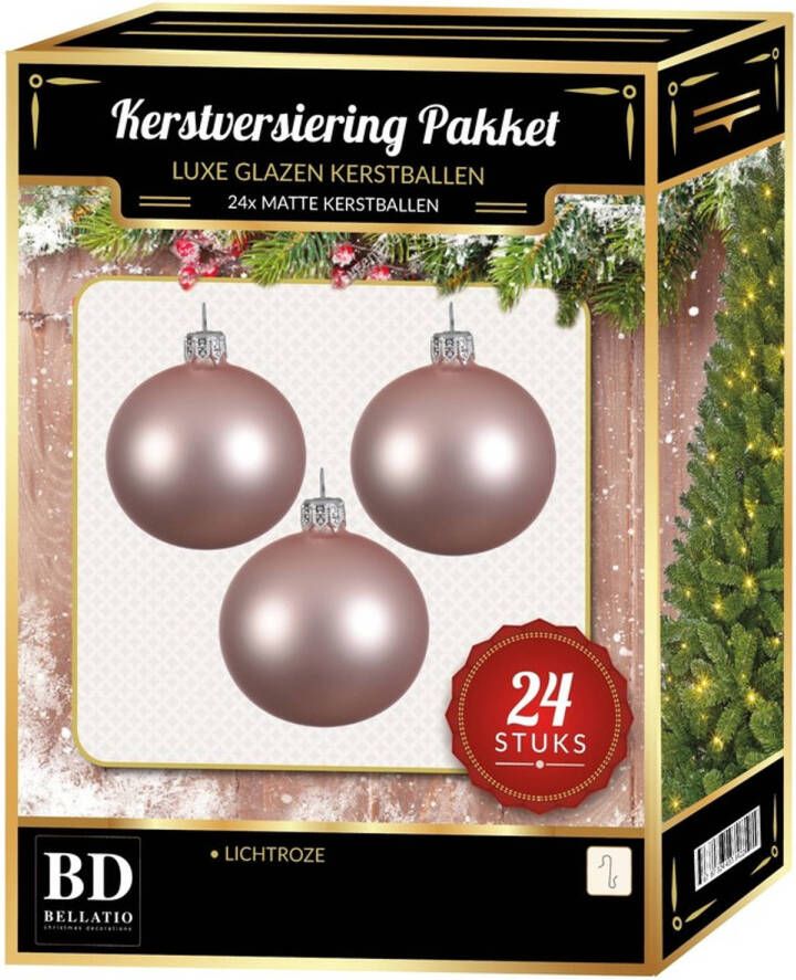 Bellatio Decorations 24 Stuks mat glazen Kerstballen pakket lichtroze 6 en 8 cm Kerstbal