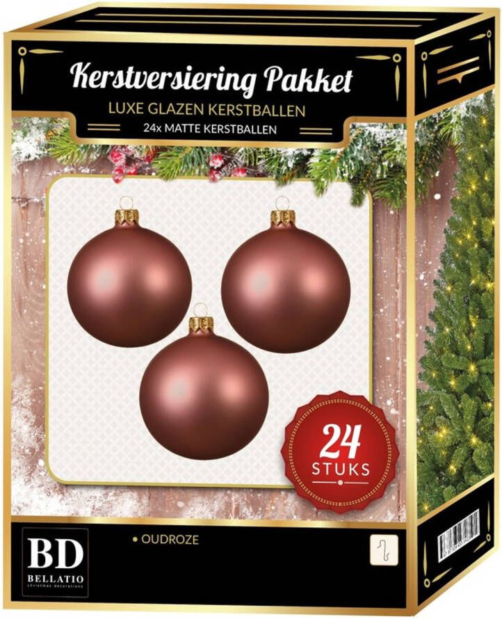 Bellatio Decorations 24 Stuks mat glazen Kerstballen pakket oudroze 6 en 8 cm Kerstbal