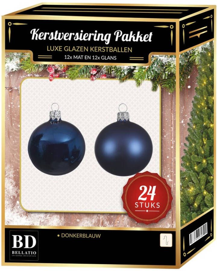 Bellatio Decorations 24 Stuks mix glazen Kerstballen pakket donkerblauw 6 en 8 cm Kerstbal