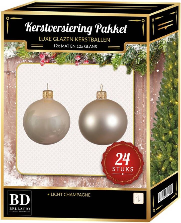Bellatio Decorations Licht parel champagne Kerstversiering Kerstballen 24-delig 6 en 8 cm Kerstbal