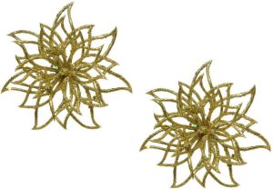 Bellatio Decorations 2x Stuks Decoratie Bloemen Kerstster Goud Glitter Op Clip 14 Cm Kersthangers