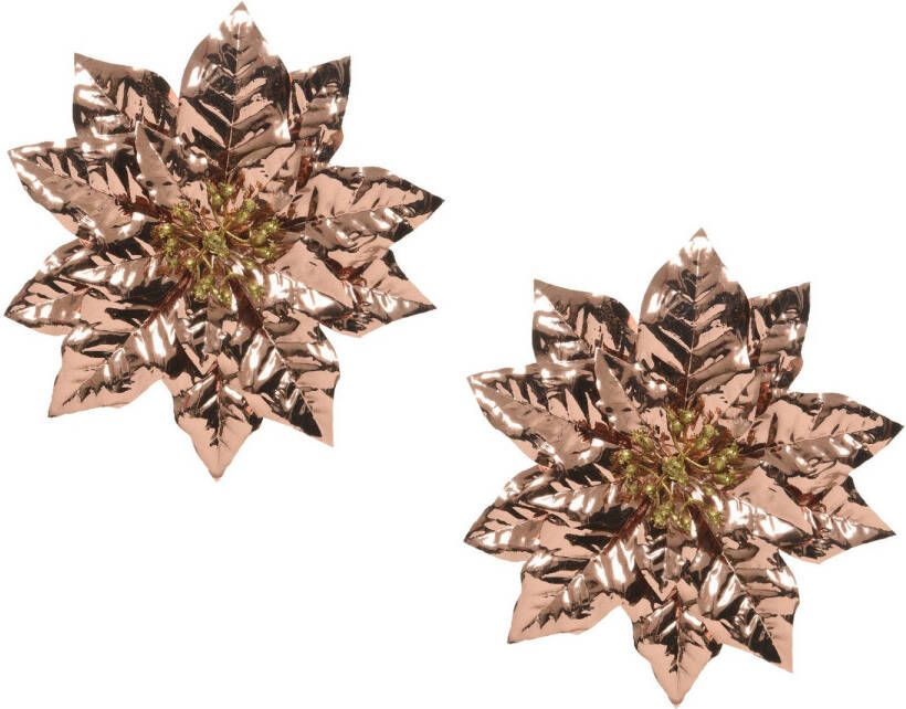 Bellatio Decorations 2x Stuks Decoratie Bloemen Kerstster Koper Glitter Op Clip 24 Cm Kersthangers