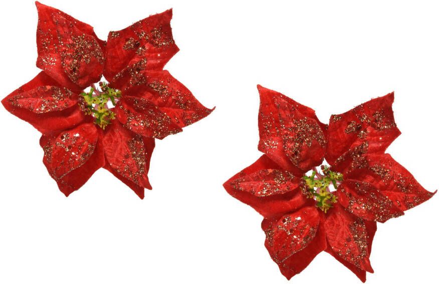 Bellatio Decorations 2x Stuks Decoratie Bloemen Kerstster Rood Glitter Op Clip 20 Cm Kersthangers