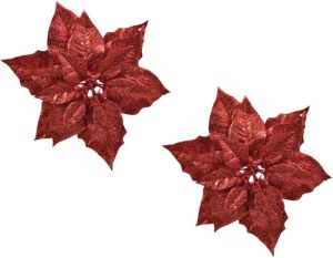 Bellatio Decorations 2x Stuks Decoratie Bloemen Kerstster Rood Glitter Op Clip 23 Cm Kersthangers