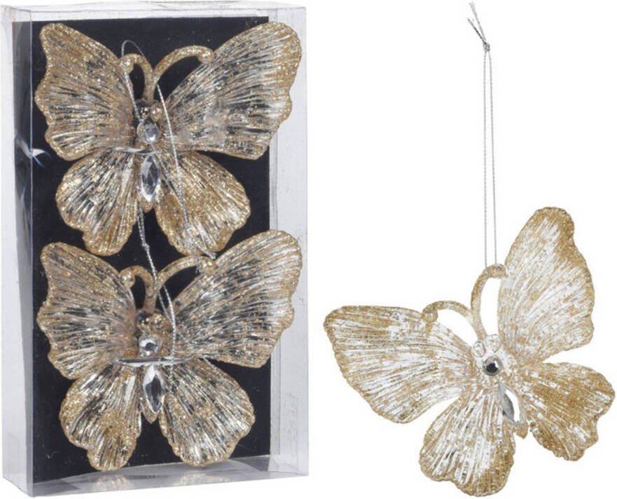 Merkloos 2x stuks decoratiehangers vlinders champagne goud 15 cm Kersthangers