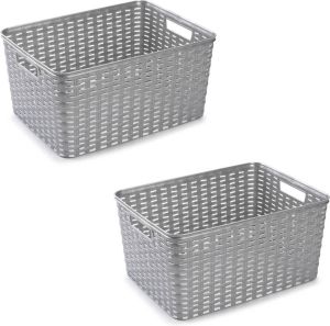Merkloos 2x Zilveren geweven opbergboxen opbergdozen opbergmanden kunststof 18 liter opbergen manden dozen bakken opbergers Opbergbox