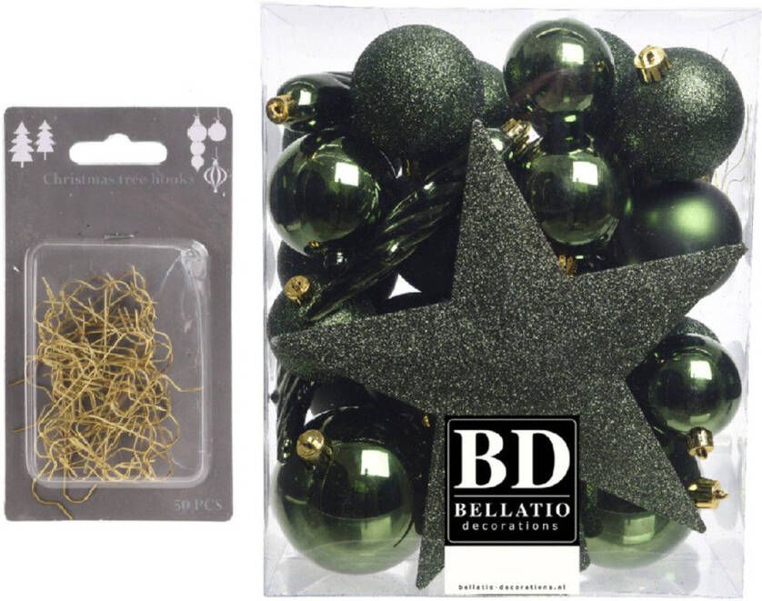 Bellatio Decorations 33x stuks kunststof kerstballen 5 6 en 8 cm donkergroen inclusief ster piek en kerstbalhaakjes Kerstbal