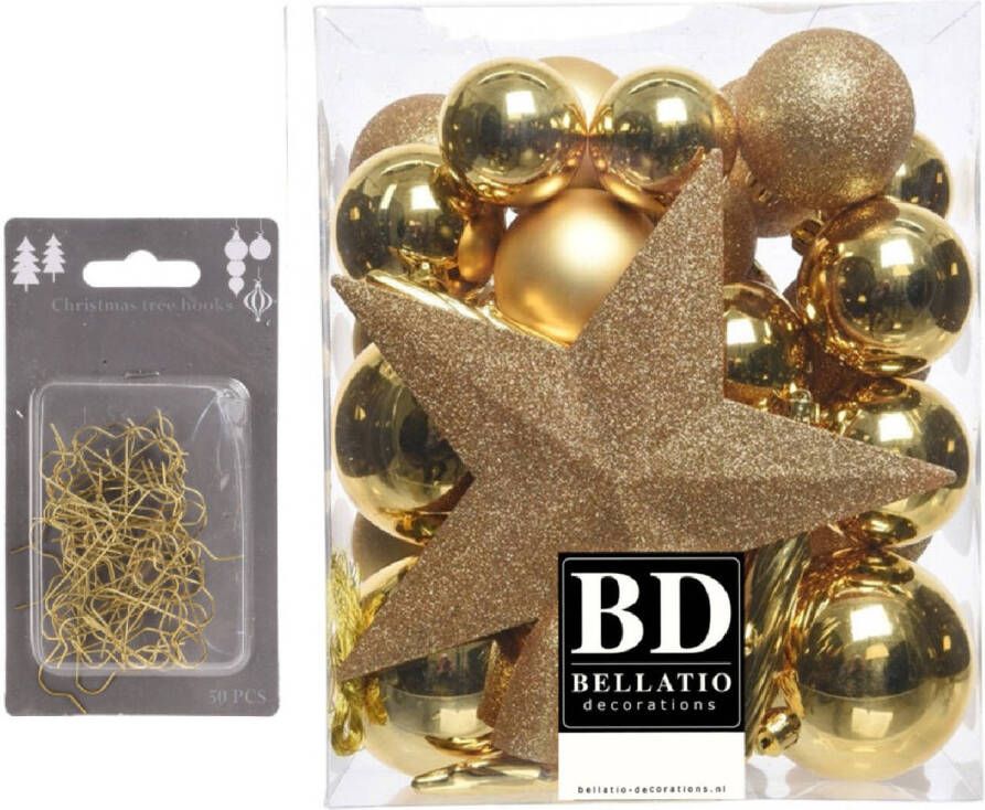Bellatio Decorations 33x stuks kunststof kerstballen 5 6 en 8 cm goud inclusief ster piek en kerstbalhaakjes Kerstbal