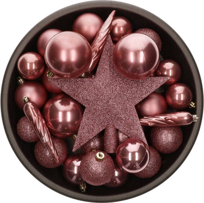 Bellatio Decorations 33x stuks kunststof kerstballen met piek 5-6-8 cm oudroze incl. haakjes Kerstbal