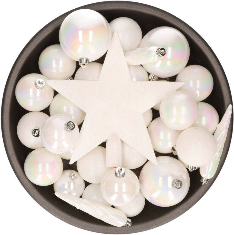 Bellatio Decorations 33x stuks kunststof kerstballen met piek 5-6-8 cm parelmoer wit incl. haakjes Kerstbal