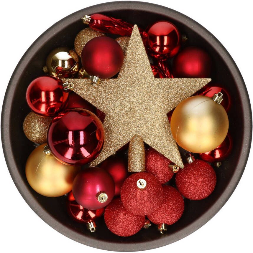 Bellatio Decorations 33x stuks kunststof kerstballen met piek 5-6-8 cm rood goud incl. haakjes Kerstbal